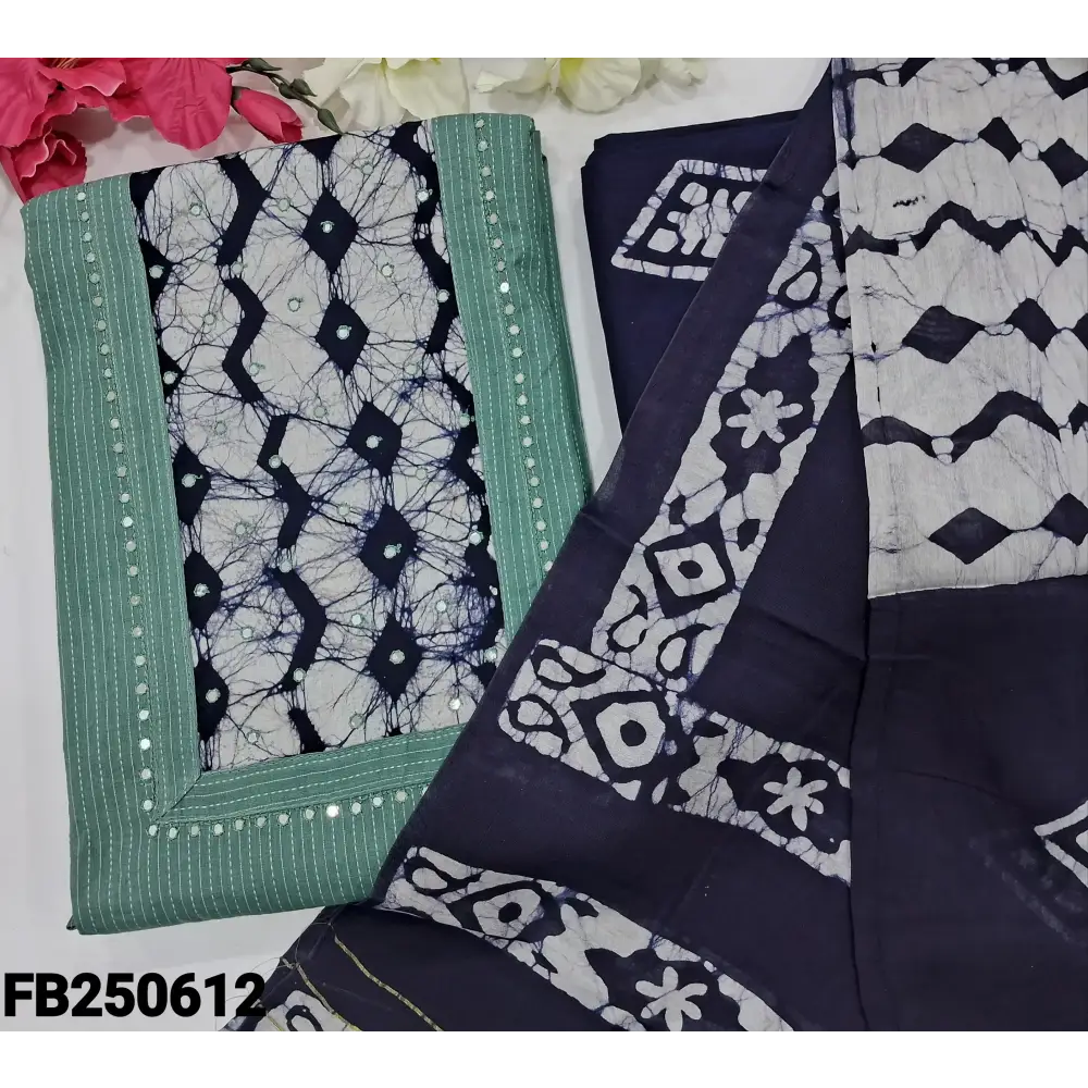 CODE FB250612: Light blue pure kantha cotton unstitched salwar material batik dyed yoke with faux mirror work (lining