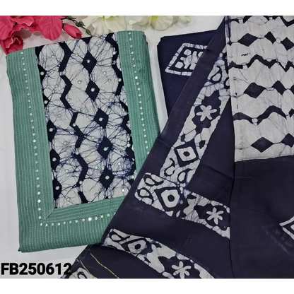 CODE FB250612: Light blue pure kantha cotton unstitched salwar material batik dyed yoke with faux mirror work (lining