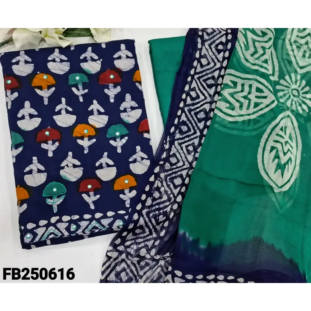 CODE FB250616: Dark blue original wax batik dyed premium cotton unstitched salwar material thread& faux mirror work