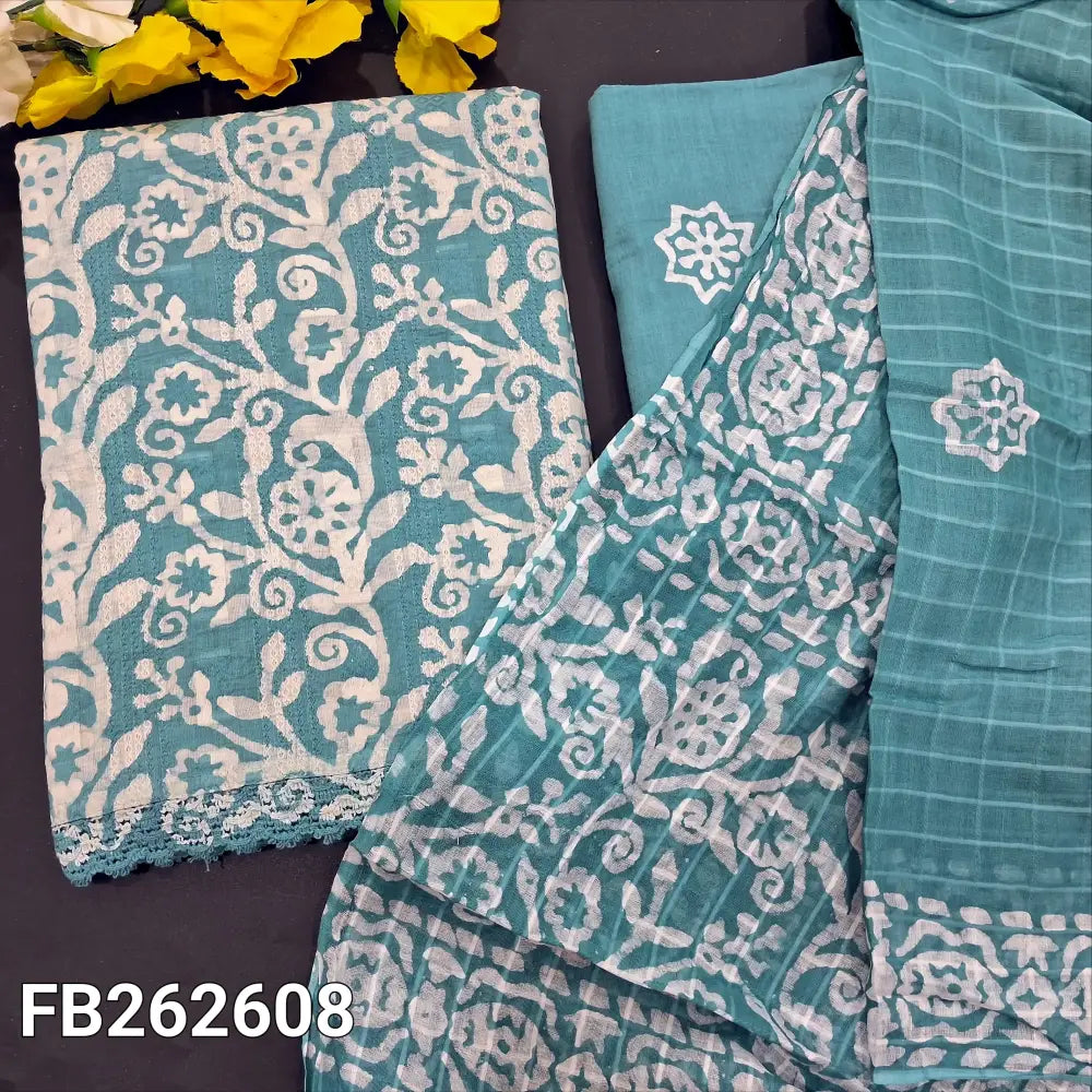 CODE FB252608: Blue original wax batik dyed pure jakard cotton unstitched salwar material lace work on daman(lining