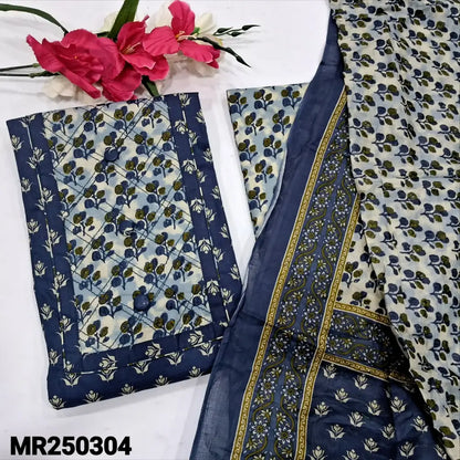 CODE MR250304: Blue printed cotton unstitched salwar material fancy buttons on yoke(lining optional)printed cotton