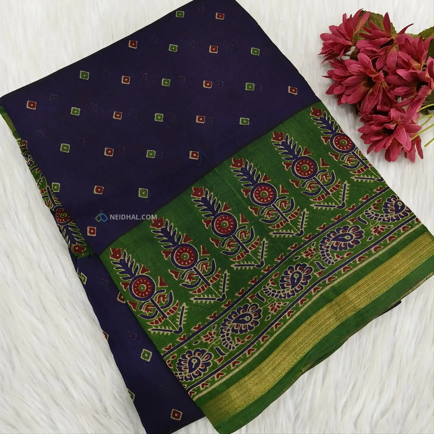 Blue printed semi chanderi silk cotton saree ns64-Neidhal