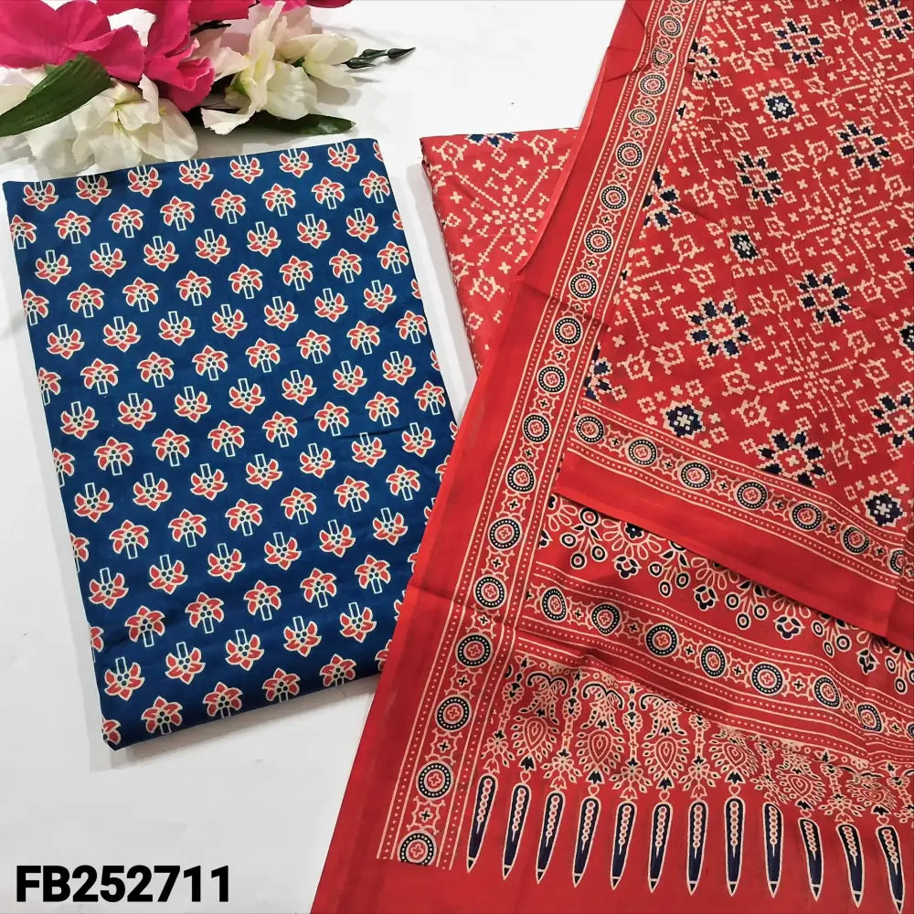 CODE FB252711: Blue printed soft cotton unstitched salwar material(lining optional)dark peachish pink patola printed