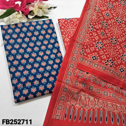 CODE FB252711: Blue printed soft cotton unstitched salwar material(lining optional)dark peachish pink patola printed