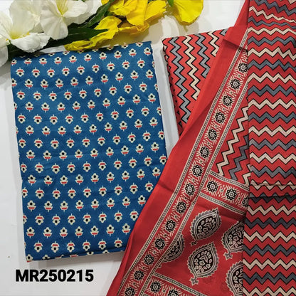CODE MR250215: Blue printed soft cotton unstitched salwar material(lining optional)peachish pink zigzag printed cotton