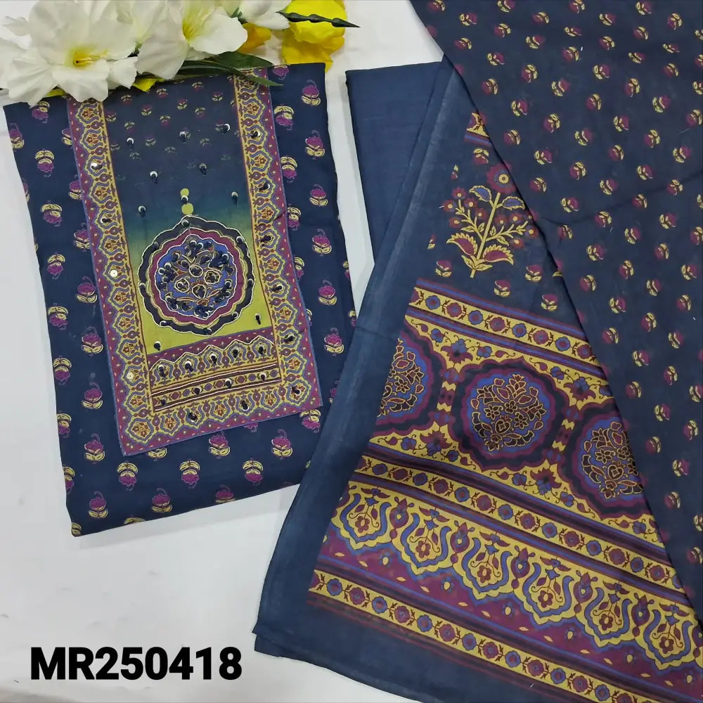 Dark blue printed pure soft cotton unstitched salwar material zardozi& sequins work on yoke(lining