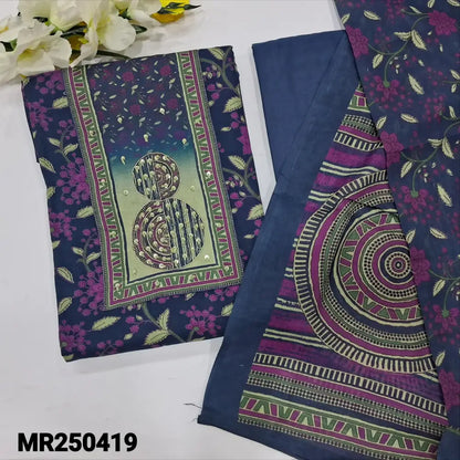 CODE MR250419: Dark blue printed pure soft cotton unstitched salwar material zardozi& sequins work on yoke(lining