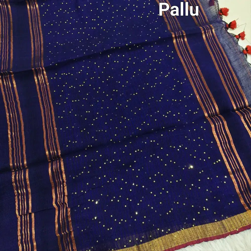 blue pure linen saree ns131-Neidhal
