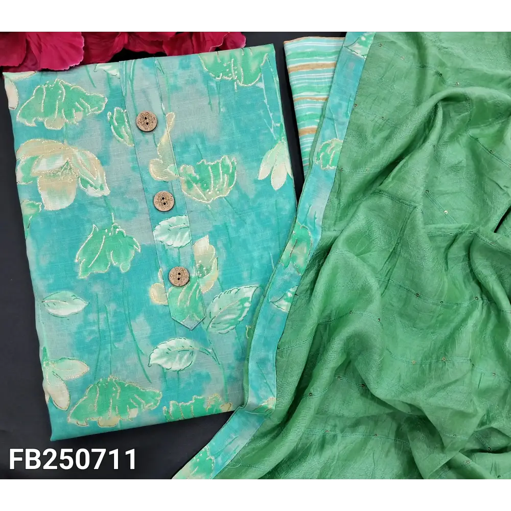 CODE FB250711: Blue slub cotton unstitched salwar material wooden buttons on yoke(lining needed)vertical striped slub