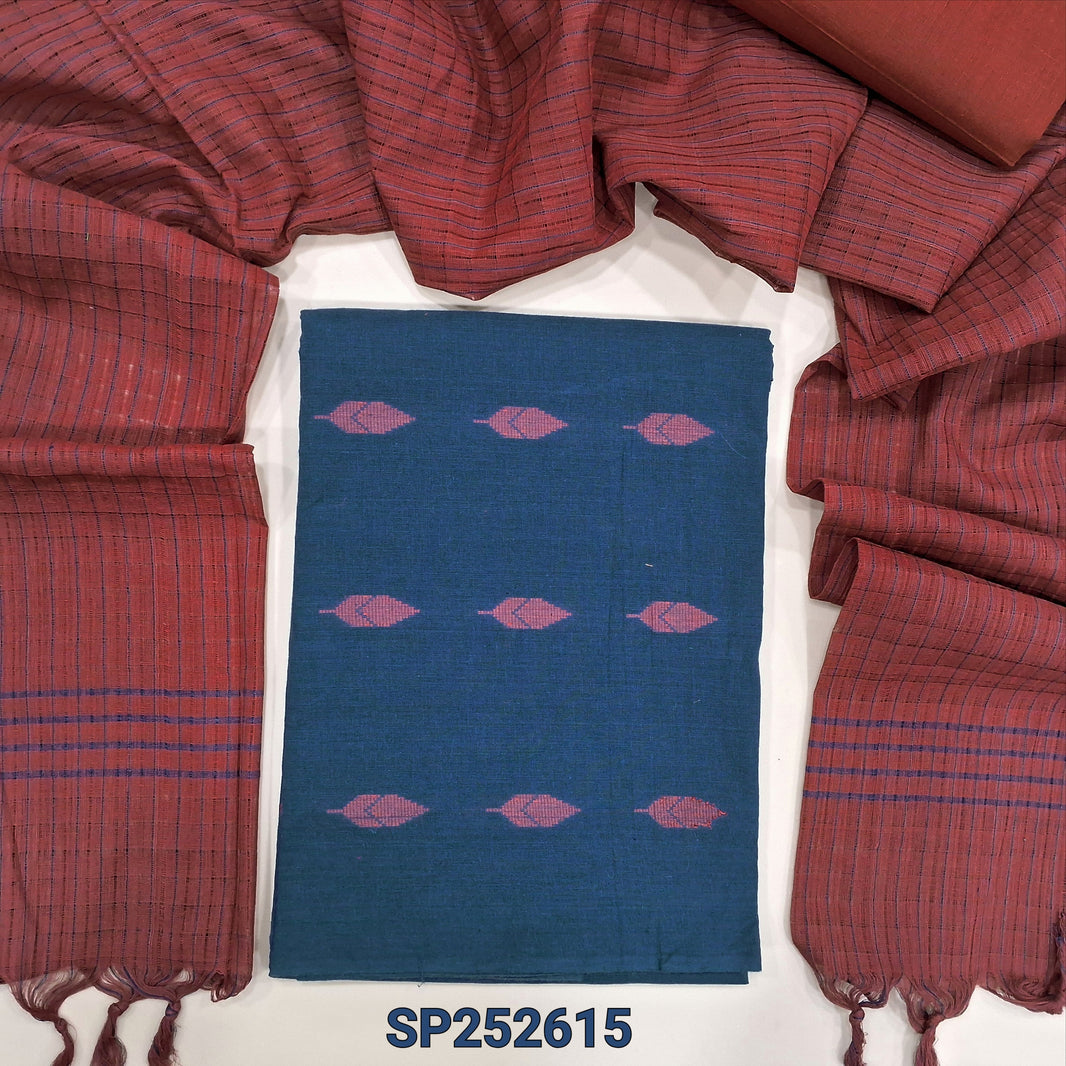 Maroon& light orange dual shaded south handloom cotton unstitched salwar material, ikat design all over(lining needed)matching south handloom cotton bottom, south handloom cotton dupatta with ikat woven design. CODE DC242311