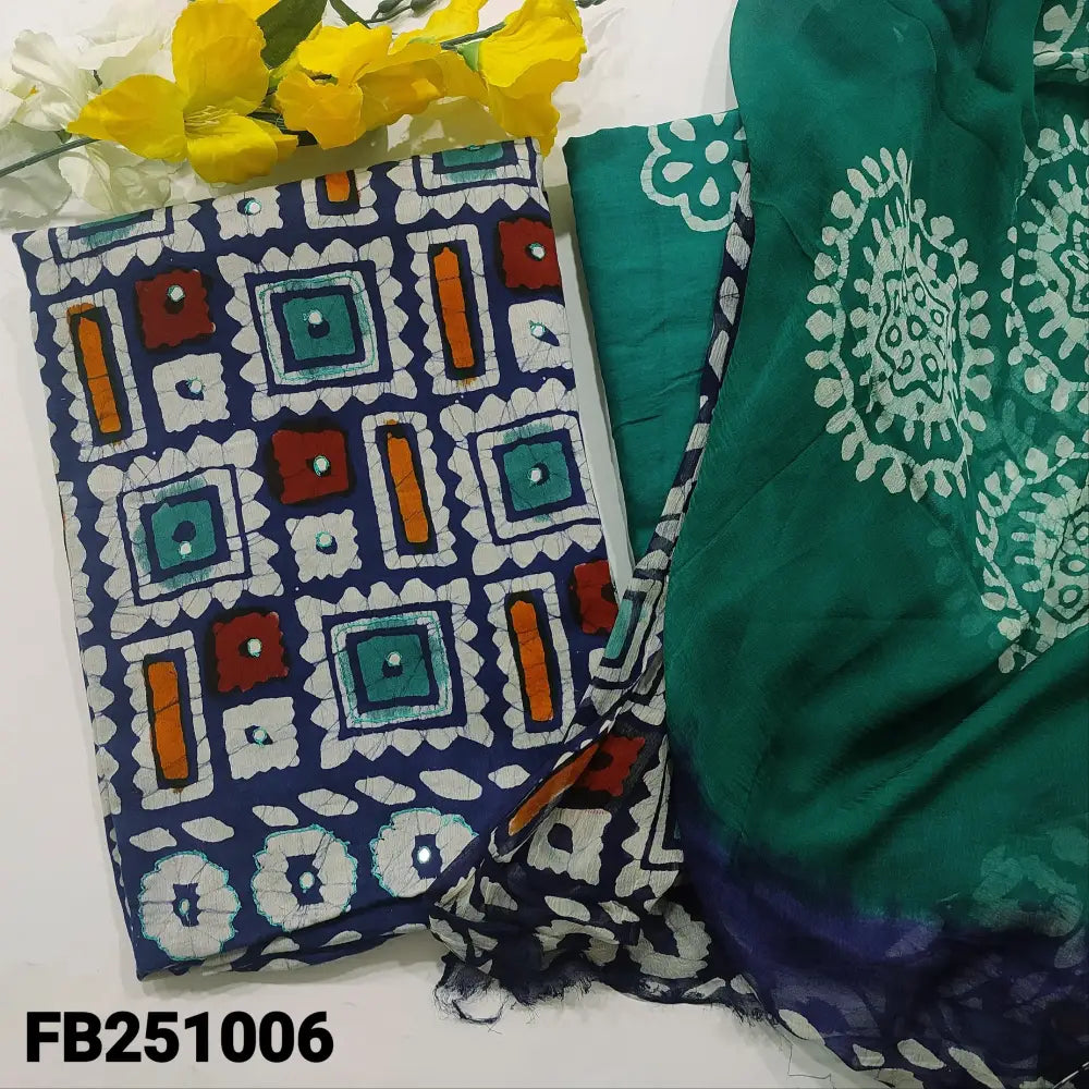 CODE FB251006: Dark blue original wax batik dyed premium soft cotton unstitched salwar material thread& faux mirror