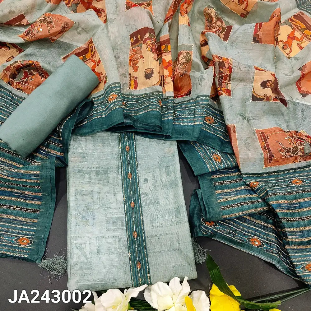 CODE JA253002: Light bluish grey digital printed silk cotton unstitched salwar material (thin fabric lining needed)