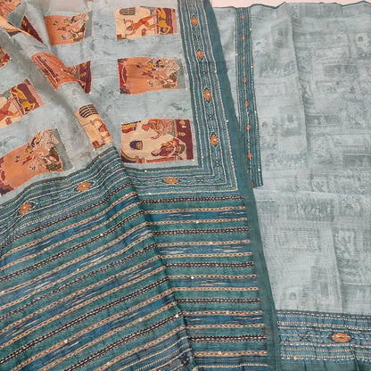 CODE JA253002: Light bluish grey digital printed silk cotton unstitched salwar material (thin fabric lining needed)