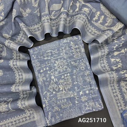 Bluish grey warli printed semi tussar salwar material ag251710 Neidhal