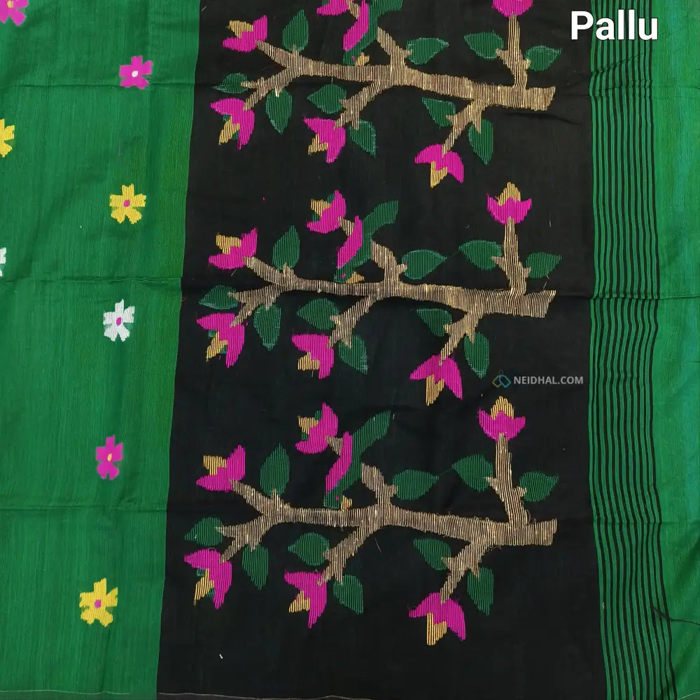 CODE NS12: Bottle green jamdani hand woven soft silk cotton saree(thin& light weight)black hand woven rich pallu