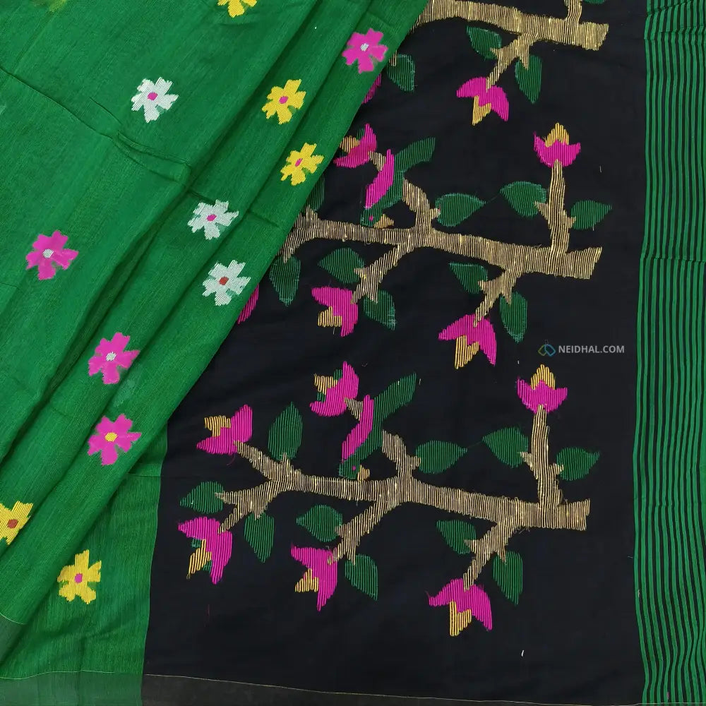 CODE NS12: Bottle green jamdani hand woven soft silk cotton saree(thin& light weight)black hand woven rich pallu