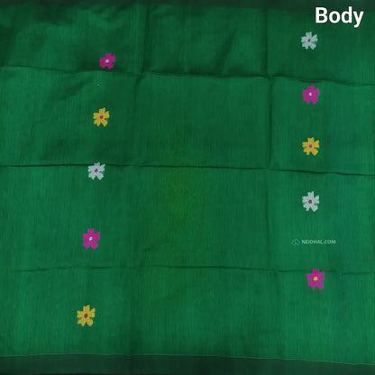 CODE NS12: Bottle green jamdani hand woven soft silk cotton saree(thin& light weight)black hand woven rich pallu