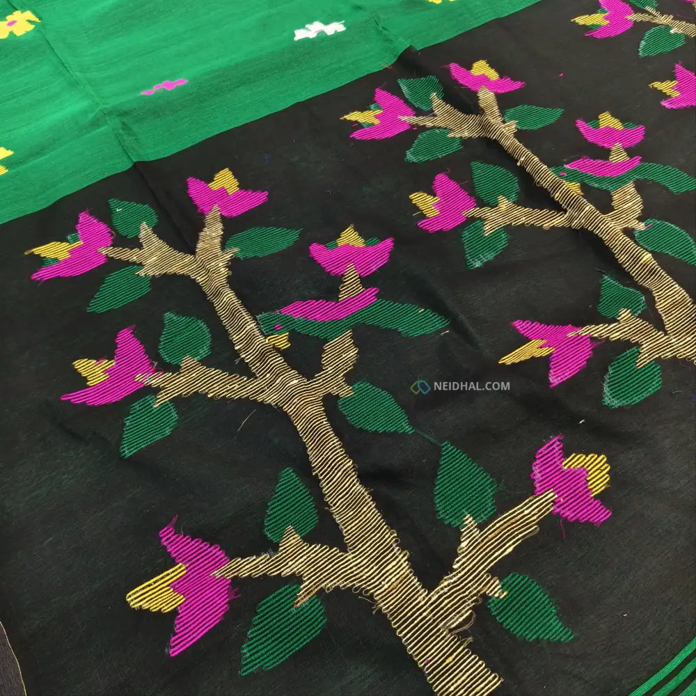 CODE NS12: Bottle green jamdani hand woven soft silk cotton saree(thin& light weight)black hand woven rich pallu