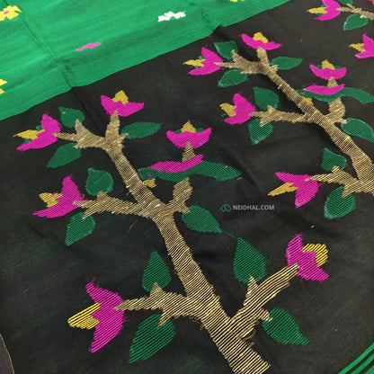 CODE NS12: Bottle green jamdani hand woven soft silk cotton saree(thin& light weight)black hand woven rich pallu