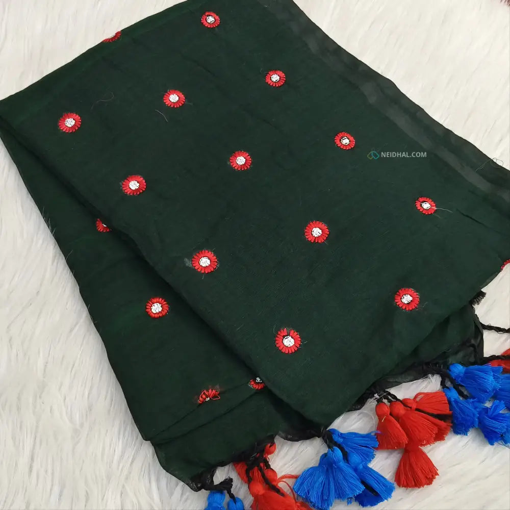 CODE NS04: Bottle green pure mul cotton saree floral embroidered all over(thin& soft fabric)tassels on pallu plain