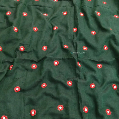 CODE NS04: Bottle green pure mul cotton saree floral embroidered all over(thin& soft fabric)tassels on pallu plain