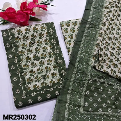 CODE MR250302: Bottle green printed cotton unstitched salwar material fancy buttons on yoke(lining optional)printed