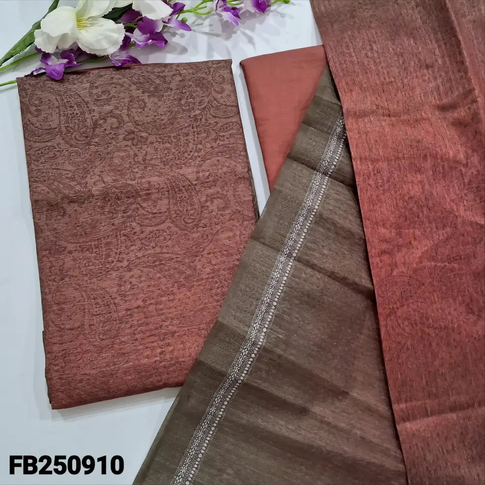 CODE FB250910: Brick red& light brown digital printed fancy jute silk unstitched salwar material(thin fabric lining
