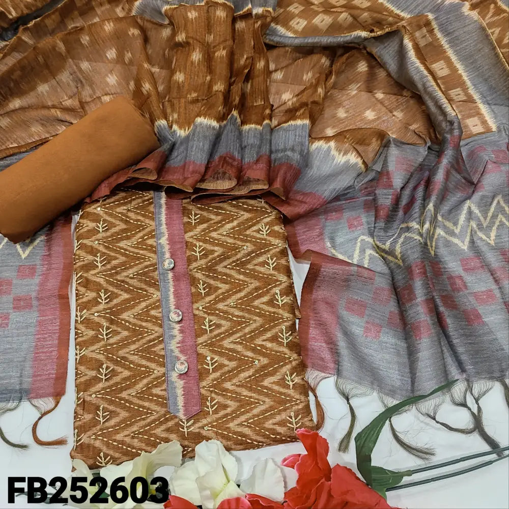 CODE FB252603: Light brown base designer zigzag printed premium jute silk unstitched salwar material hand embroidered