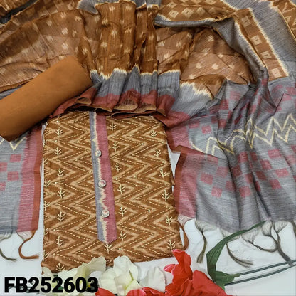 CODE FB252603: Light brown base designer zigzag printed premium jute silk unstitched salwar material hand embroidered