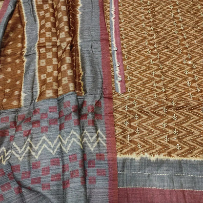 CODE FB252603: Light brown base designer zigzag printed premium jute silk unstitched salwar material hand embroidered