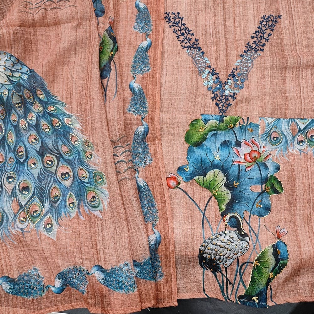 Brownish Peach Semi Linen Salwar Material with Embroidered Dupatta