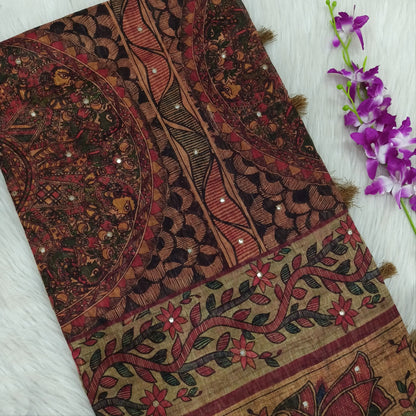 Buy Dark Beige Madhubani Printed Slub Silk Saree – Faux Mirror Work