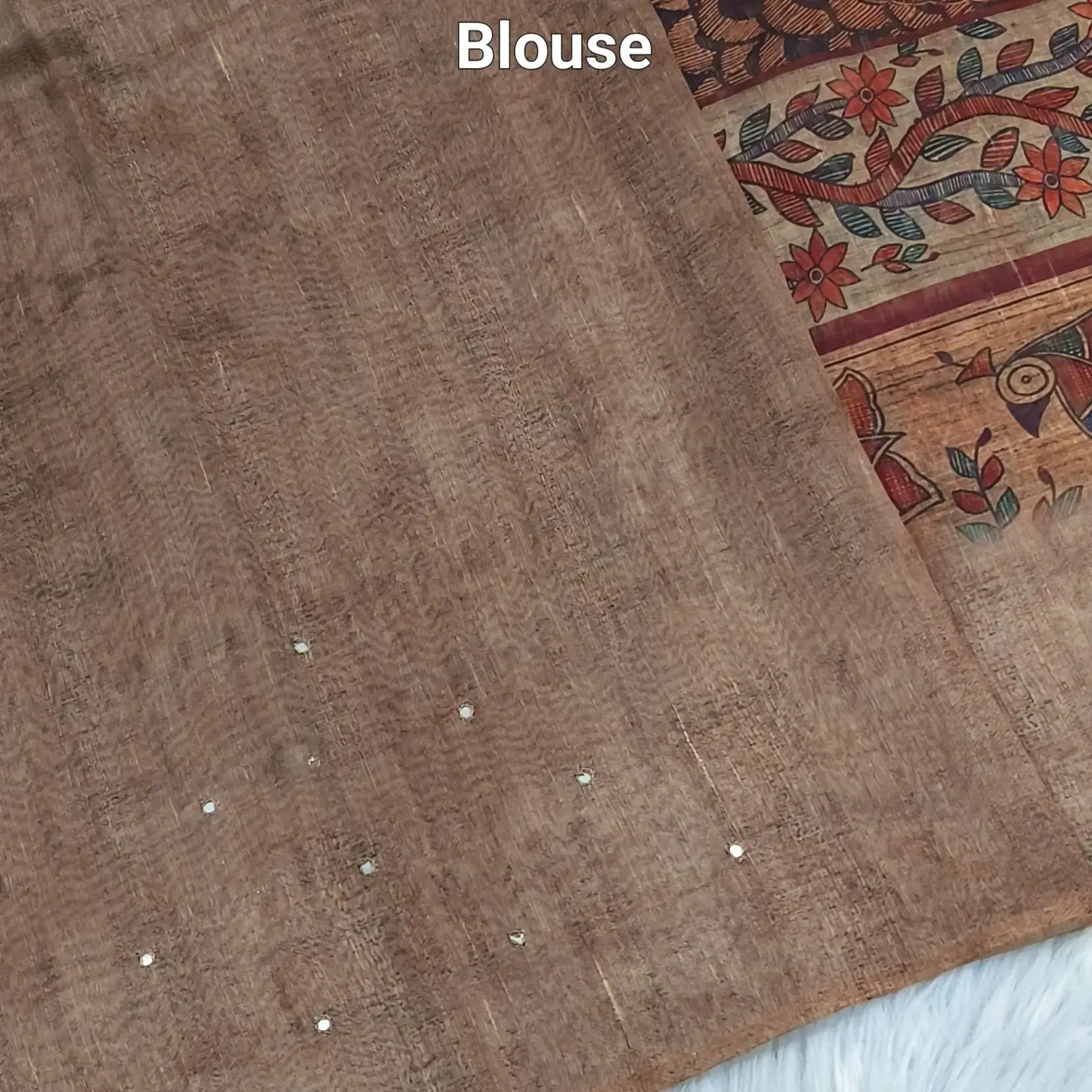 Buy Dark Beige Madhubani Printed Slub Silk Saree – Faux Mirror Work