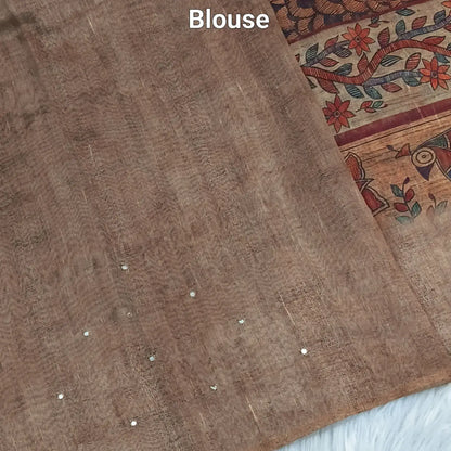 Buy Dark Beige Madhubani Printed Slub Silk Saree – Faux Mirror Work