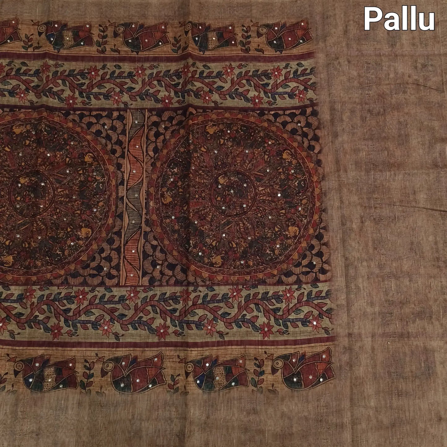 Buy Dark Beige Madhubani Printed Slub Silk Saree – Faux Mirror Work