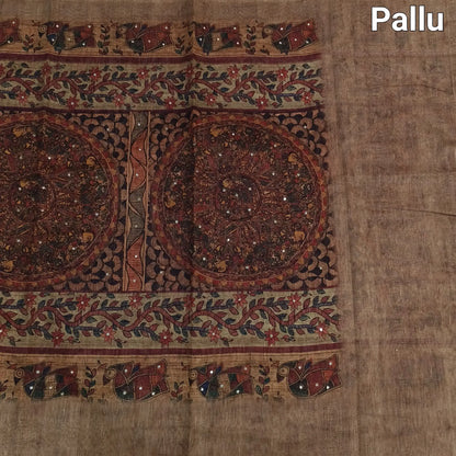 Buy Dark Beige Madhubani Printed Slub Silk Saree – Faux Mirror Work