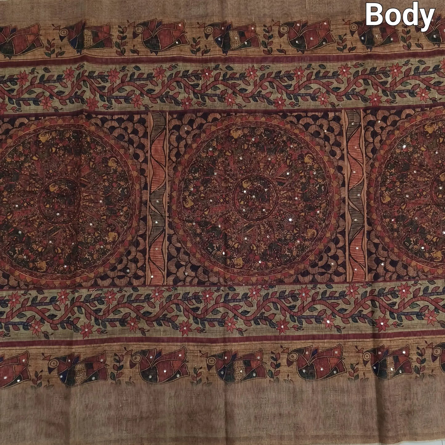 Buy Dark Beige Madhubani Printed Slub Silk Saree – Faux Mirror Work