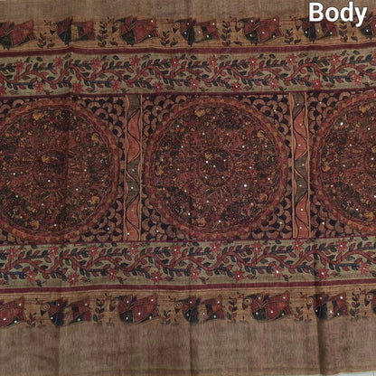 Buy Dark Beige Madhubani Printed Slub Silk Saree – Faux Mirror Work
