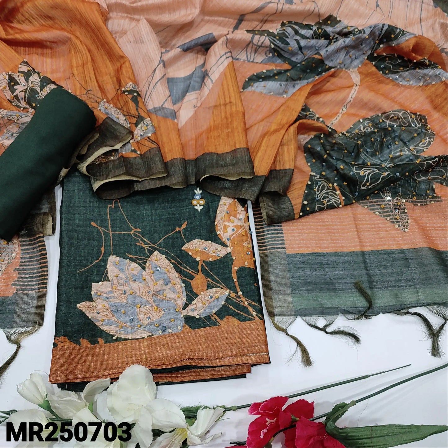 Buy Dark Green Jute Silk Salwar Material – Hand Embroidered & Stylish