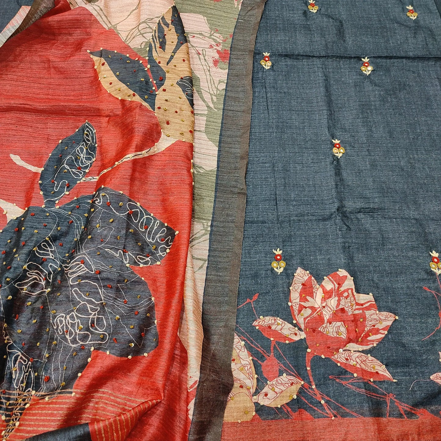 Buy Dark Grey Jute Silk Salwar Material – Hand Embroidered & Premium