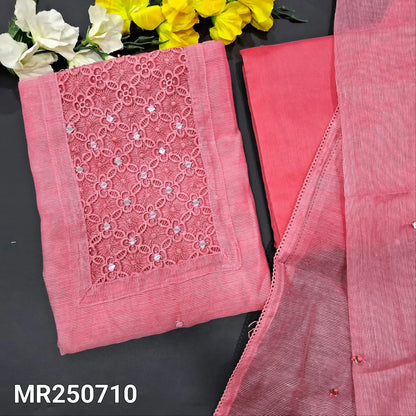 Dark pink fancy super net unstitched salwar material, lace work on yoke, real mirror work on yoke.