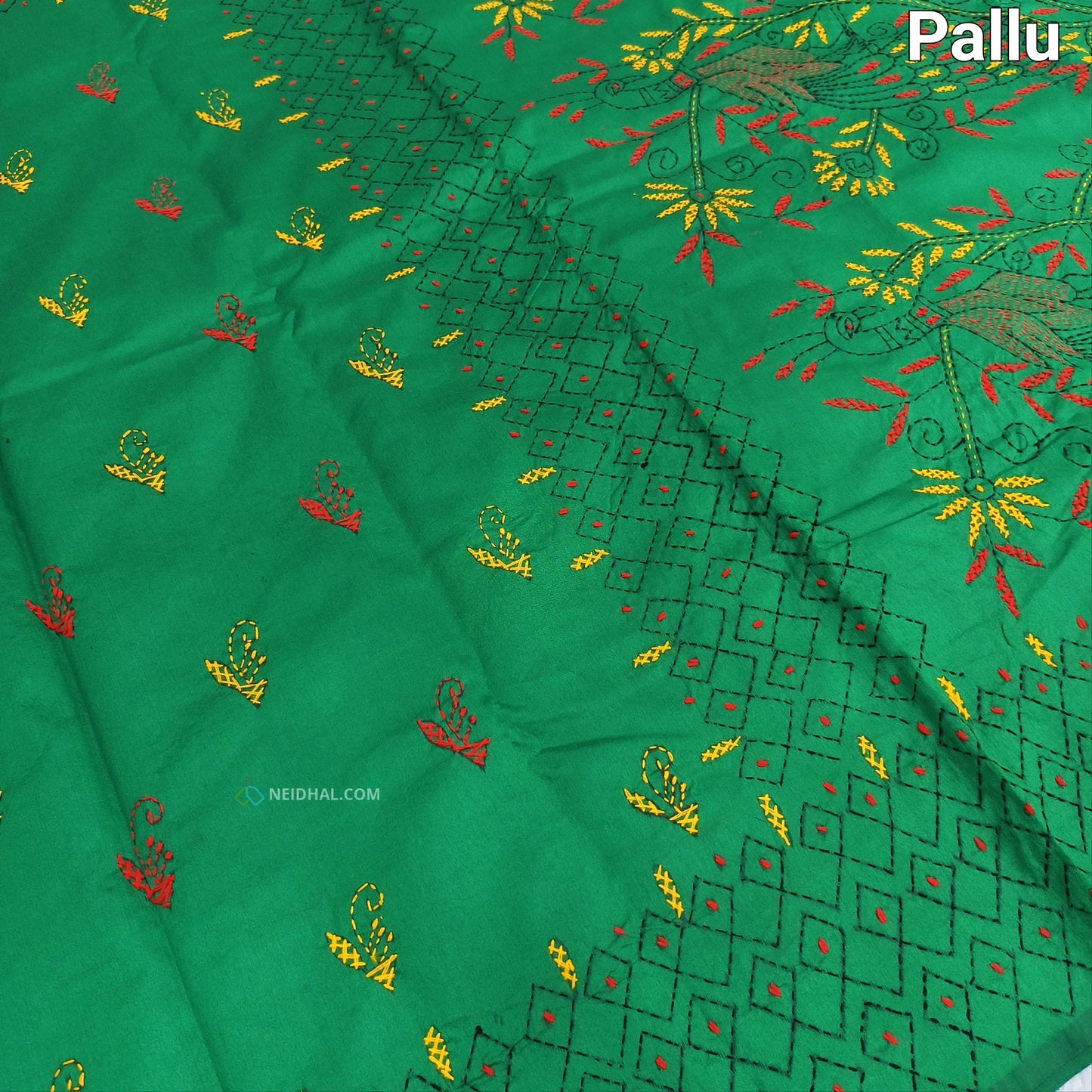 Buy Dark Turquoise Green Assam Silk Cotton Saree – Hand Embroidered