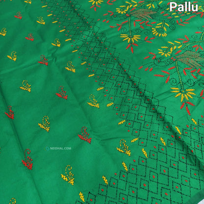 Buy Dark Turquoise Green Assam Silk Cotton Saree – Hand Embroidered