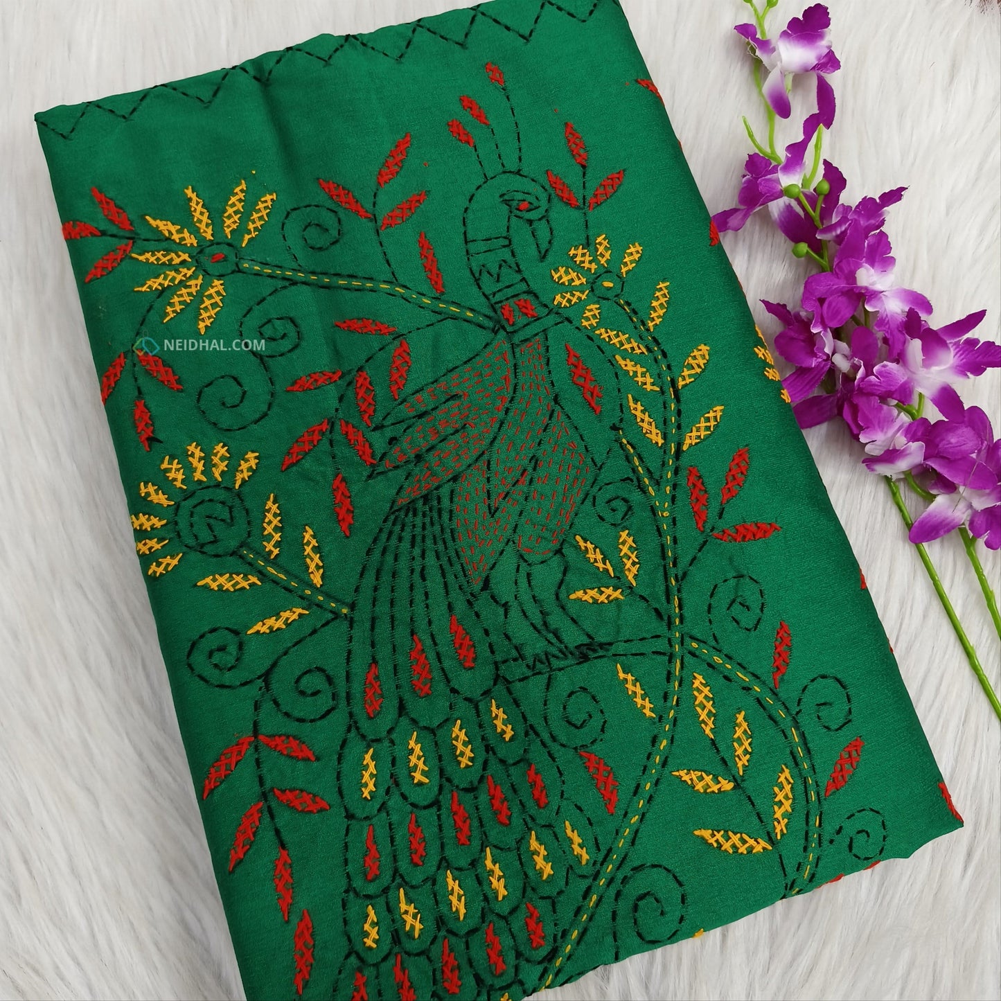 Buy Dark Turquoise Green Assam Silk Cotton Saree – Hand Embroidered