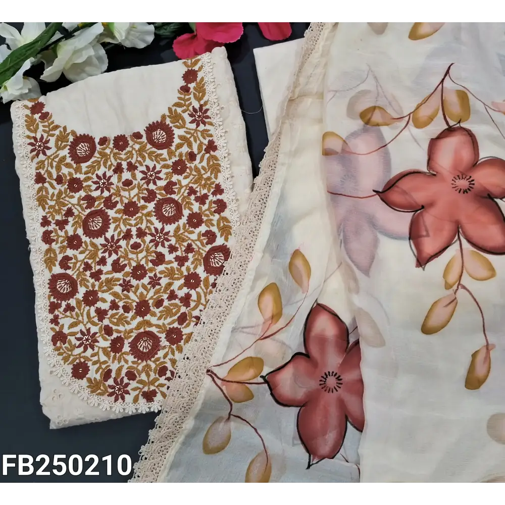 CODE FB250210: Half white schiffli embroidered cotton unstitched salwar material maroon floral embroidered