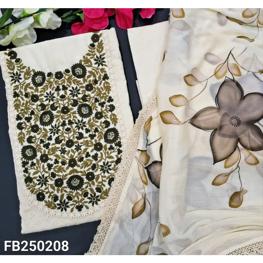 CODE FB250208: Half white schiffli embroidered cotton unstitched salwar material green floral embroidered