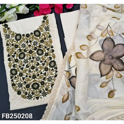 CODE FB250208: Half white schiffli embroidered cotton unstitched salwar material green floral embroidered