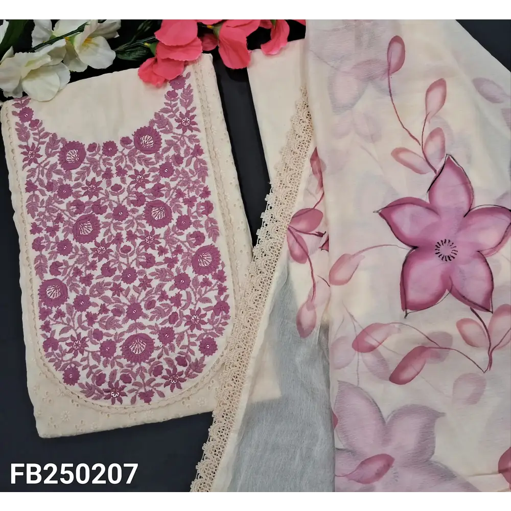 CODE FB250207: Half white schiffli embroidered cotton unstitched salwar material pink floral embroidered on yoke(lining