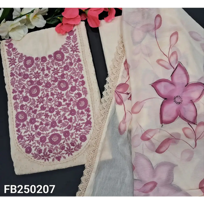 CODE FB250207: Half white schiffli embroidered cotton unstitched salwar material pink floral embroidered on yoke(lining