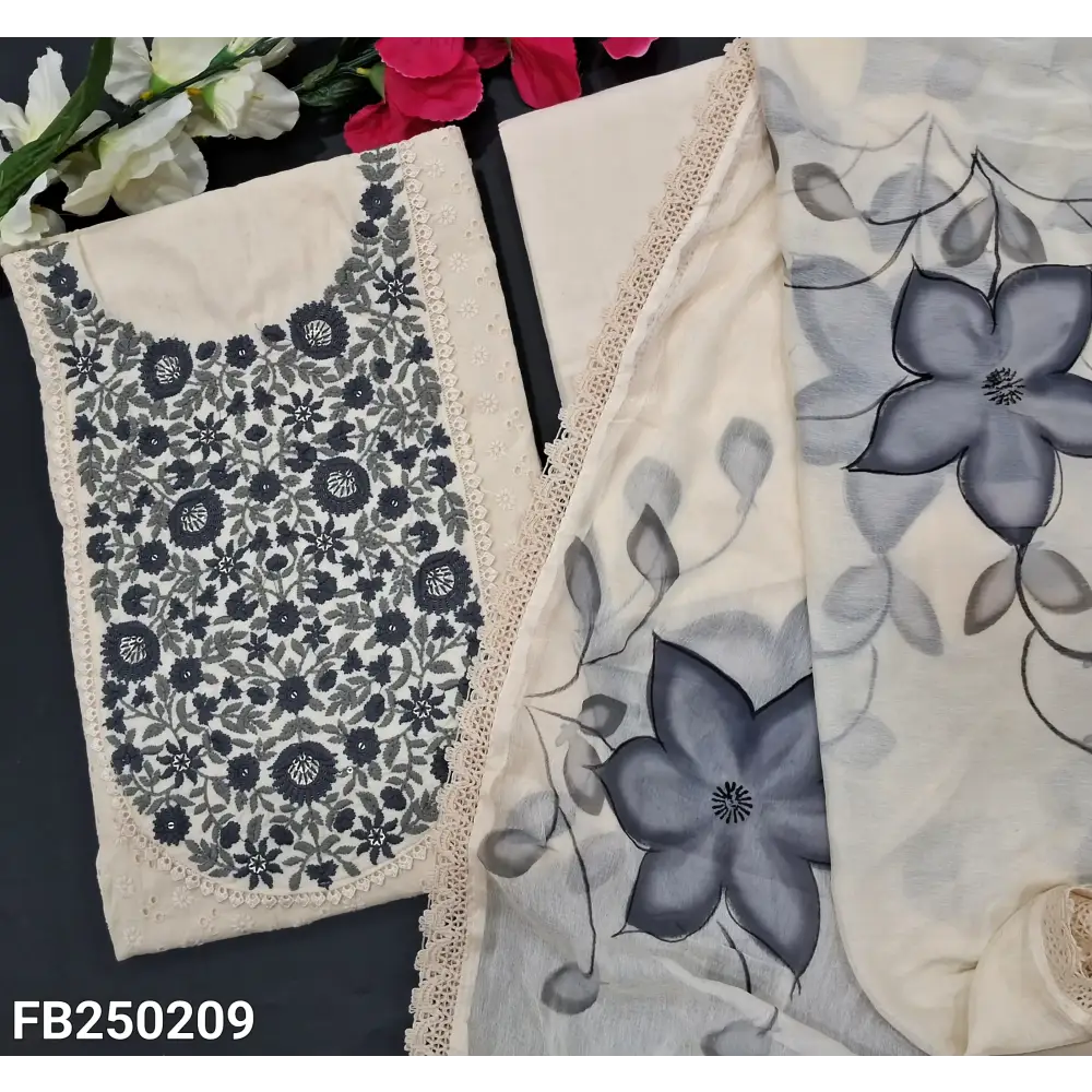CODE FB250209: Half white schiffli embroidered cotton unstitched salwar material grey floral embroidered on yoke(lining